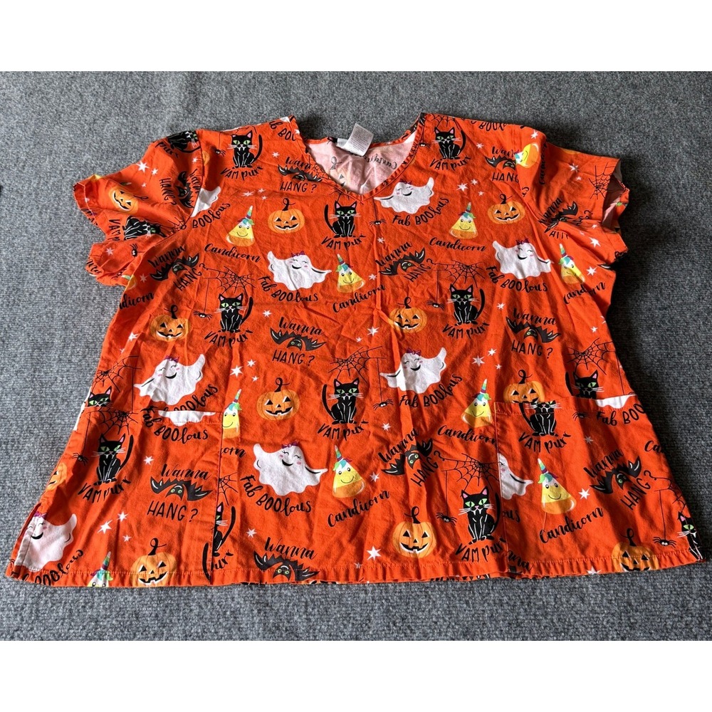 ScrubStar Womens 3XL Halloween Scrub Top Orange Black Cat Ghost Pumpkin‎ Cotton